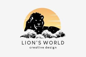 diseño del logotipo del mundo del león o del bosque del león, silueta del león combinada con árboles contra la luna o el sol vector