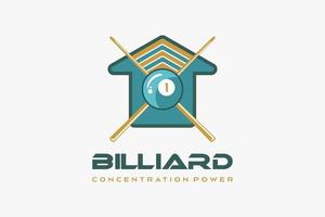 diseño de logotipo de billar con concepto creativo, icono de bola de billar y palo de billar en el icono de la casa vector