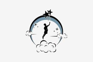 Star reaching logo design with creative concept, silhouette of people reaching stars in moon background vector