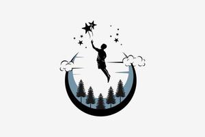 Star reaching logo design with creative concept, silhouette of people reaching stars in moon background above fir tree vector