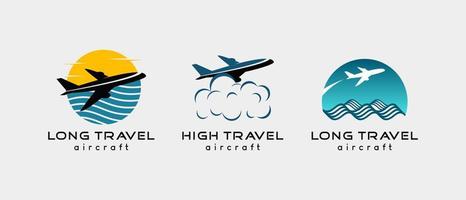 Airplane logo design, travel and tourism business vector illustration with airplane combined with ocean and clouds in creative concept