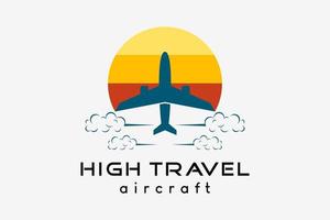 Airplane logo design, tourism business travel vector illustration. Airplane icon with sun or moon in creative concept