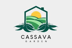 A cassava garden logo design or a cassava farmer's house, a cassava silhouette combined with a garden icon in the house vector