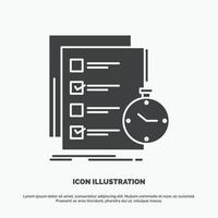 que hacer. tarea. lista. controlar. icono de tiempo símbolo gris vectorial de glifo para ui y ux. sitio web o aplicación móvil vector