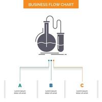 análisis. química. matraz. investigar. pruebe el diseño del diagrama de flujo empresarial con 3 pasos. icono de glifo para el lugar de plantilla de fondo de presentación para texto. vector