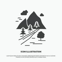 rocas árbol. Cerro. montaña. icono de la naturaleza. símbolo gris vectorial de glifo para ui y ux. sitio web o aplicación móvil vector