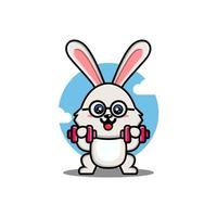 Cute rabbit lifting dumbbell cartoon vector illustration