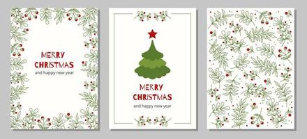 Set of christmas and happy new year greeting cards with Christmas tree, floral frames and backgrounds. vector