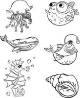 Set of line marine fish symbol vector hand drawn