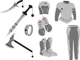 Weapon and armor game asset, one style weapons and armor equipment collection vector illustration