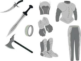 Weapon and armor game asset, one style weapons and armor equipment collection vector illustration