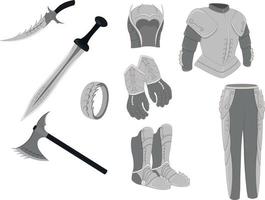 Weapon and armor game asset, one style weapons and armor equipment collection vector illustration