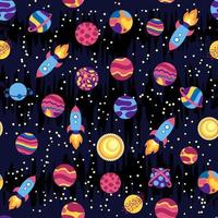 Seamless space pattern. Planets, rockets and stars. Cartoon spaceship. Childish background. Hand drawn vector