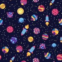 Seamless space pattern. Planets, rockets and stars. Cartoon spaceship. Childish background. Hand drawn vector