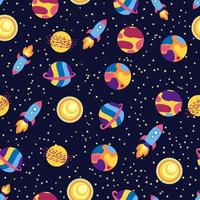 Seamless space pattern. Planets, rockets and stars. Cartoon spaceship. Childish background. Hand drawn vector