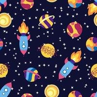 Seamless space pattern. Planets, rockets and stars. Cartoon spaceship. Childish background. Hand drawn vector