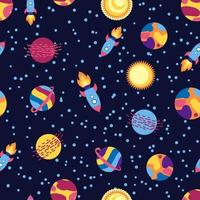 Seamless space pattern. Planets, rockets and stars. Cartoon spaceship. Childish background. Hand drawn vector