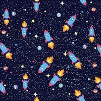 Seamless space pattern. Planets, rockets and stars. Cartoon spaceship. Childish background. Hand drawn vector