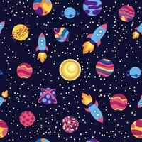 Seamless space pattern. Planets, rockets and stars. Cartoon spaceship. Childish background. Hand drawn vector