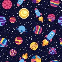 Seamless space pattern. Planets, rockets and stars. Cartoon spaceship. Childish background. Hand drawn vector