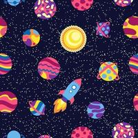 Seamless space pattern. Planets, rockets and stars. Cartoon spaceship. Childish background. Hand drawn vector