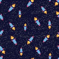 Seamless space pattern. Planets, rockets and stars. Cartoon spaceship. Childish background. Hand drawn vector