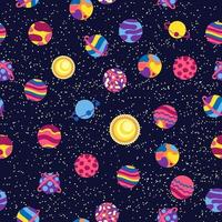 Seamless space pattern. Planets, rockets and stars. Cartoon spaceship. Childish background. Hand drawn vector