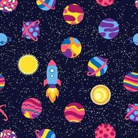 Seamless space pattern. Planets, rockets and stars. Cartoon spaceship. Childish background. Hand drawn vector