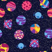 Seamless space pattern. Planets, rockets and stars. Cartoon spaceship. Childish background. Hand drawn vector