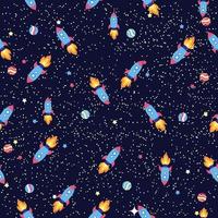 Seamless space pattern. Planets, rockets and stars. Cartoon spaceship. Childish background. Hand drawn vector