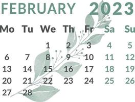 Calendar 2023. The month is February. vector