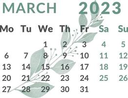 calendario 2023. mes de marzo. vector