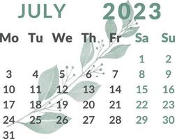 Calendar 2023 year.Month july. vector