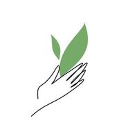 mano que sostiene el icono de la hoja. protección del medio ambiente. Crecimiento y desarrollo. el concepto del origen de la vida. brote vector