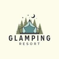 glamping in night with vintage vector logo template illustration design, camping, tent logo concept