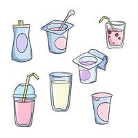 A set of colored icons, dairy products, yogurt, cocktail, vector illustration in cartoon style on a white background