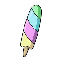 Cold multicolored fruit ice cream on wooden sticks, vector illustration in cartoon style on a white background