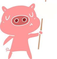 flat color style cartoon content pig signpost sign vector