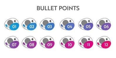 Bullet points numbers. Colorful list markers from 1 to 12. Vector design elements set for modern infographic