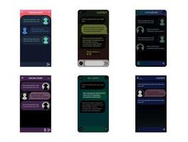 Chatbot windows set. User interface of application with online dialogue. Conversation with a robot assistant vector