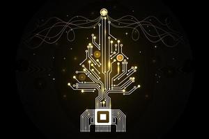 Christmas tree from digital electronic circuit. Abstract green lighting motherboard microchip. Vector illustration