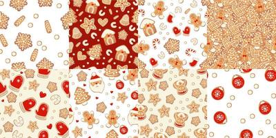 Christmas gingerbread vector patterns set. Winter characters in cartoon style. Holiday design background. New year scandinavian style.