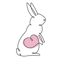 Easter bunny with heart continuous one line drawing. Rabbit simple image. Minimalist vector illustration.Print