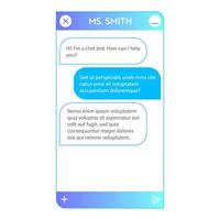 interfaz de usuario de la ventana de chatbot. interfaz de usuario de la aplicación con diálogo en línea. conversación con un robot asistente vector