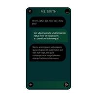 Chatbot window. Dark mode. User interface of application with online dialogue. Conversation with a robot assistant vector