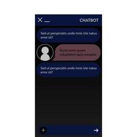 ventana de chatbot. modo oscuro interfaz de usuario de la aplicación con diálogo en línea. conversación con un robot asistente vector