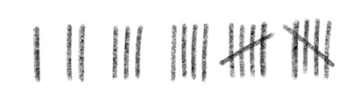 Tally mark number lines on the wall. Hand drawn sticks for counting time in prison. Vector illustration design set.