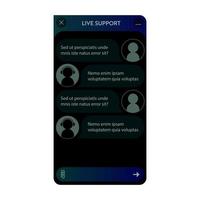 Chatbot window. Dark mode. User interface of application with online dialogue. Conversation with a robot assistant vector