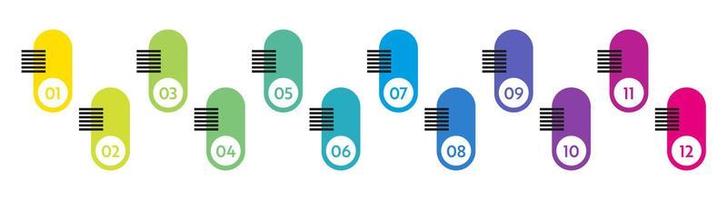 Bullet points numbers. Colorful list markers from 1 to 12. Vector design elements set for modern infographic