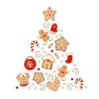 Merry Christmas card with gingerbread cookies. Tree from biscuits. Vector illustration for New Year design.